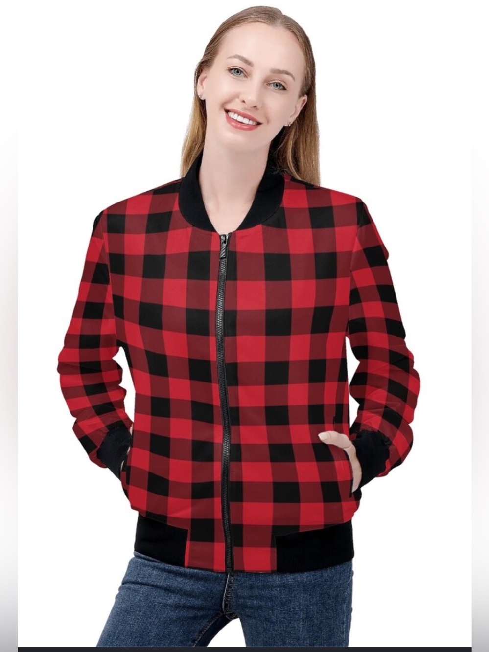 Retro Dex Plaid Bomber Jacket Red Black Zipper